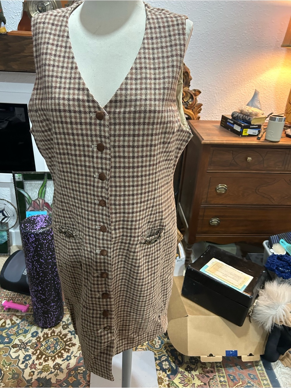 Plaid Button-Front Women’s Vest Dress in Brown 12